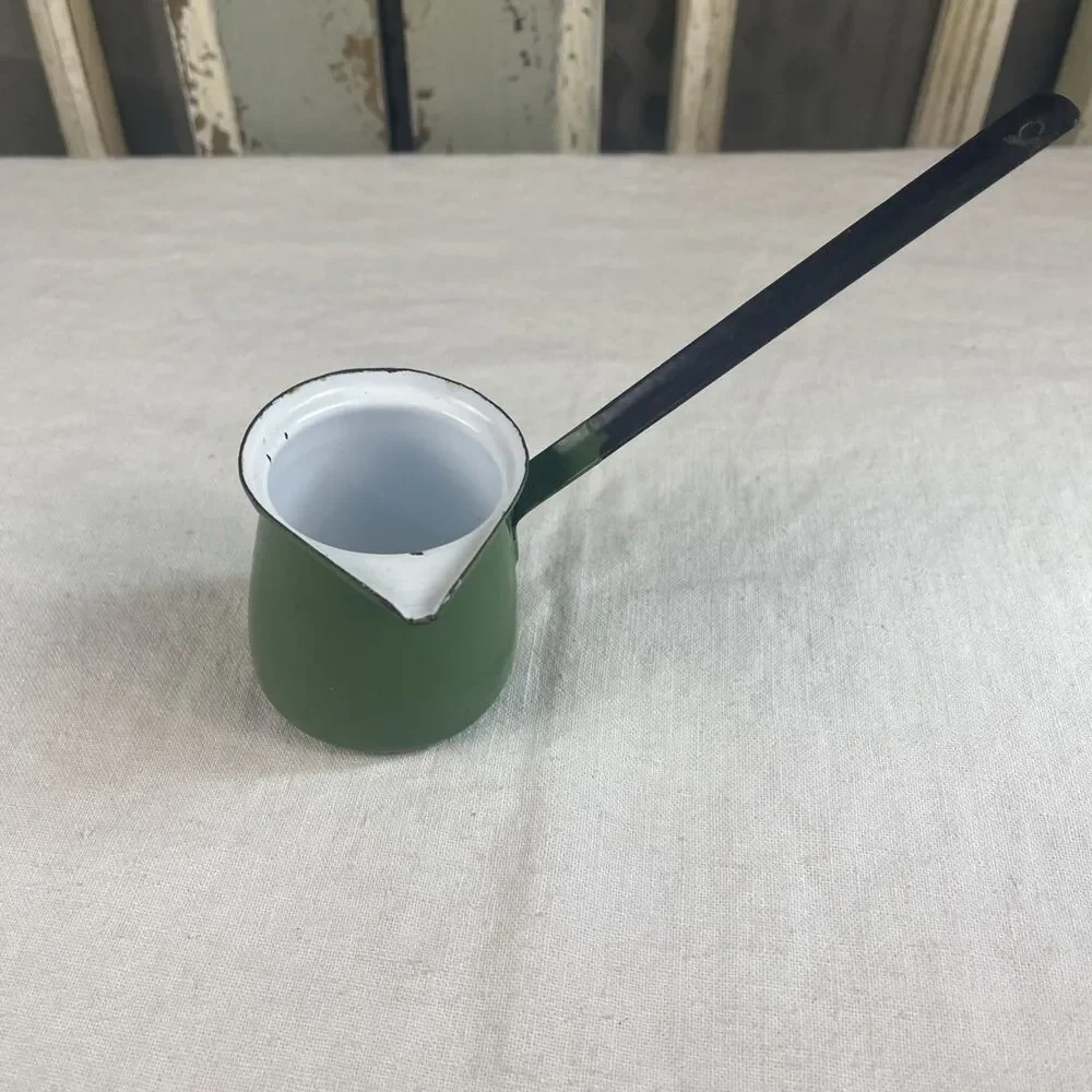 Vintage Green Enamel Turkish Coffee Pot Cezve Ibrik Butter Warmer Long Handle
